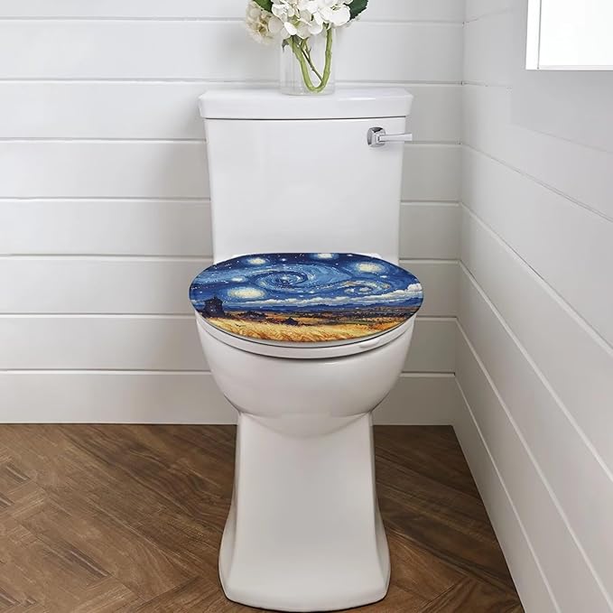 Toilet Lid Covers Flannel Fabric Breathable Toilet Seat Covers Starry Night Oil Painting Toilet Lid Cover Dustproof Seat Covers Keep Clean Tidy Reusable Toilet Protector