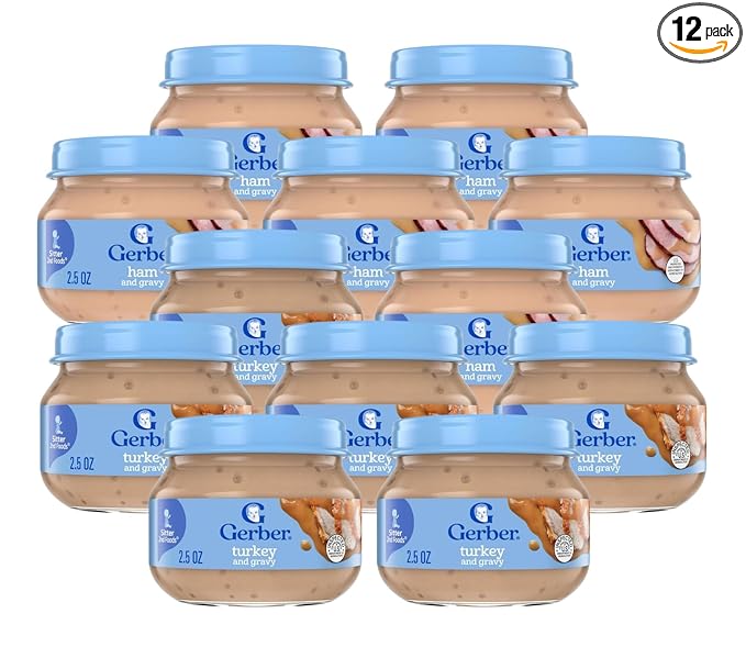 Gerber 2nd Foods Mealtime for Baby Pureed Baby Food Jar Variety Pack, 6 Ham & Gravy Jars, 6 Turkey & Gravy Jars, 2.5 Ounce Jars (12 CT)