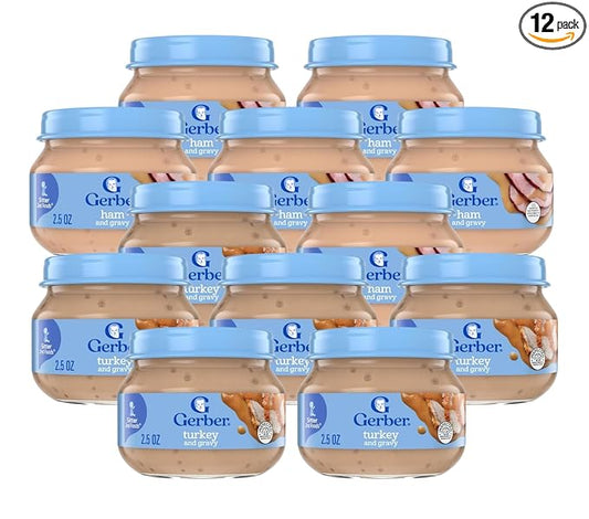 Gerber 2nd Foods Mealtime for Baby Pureed Baby Food Jar Variety Pack, 6 Ham & Gravy Jars, 6 Turkey & Gravy Jars, 2.5 Ounce Jars (12 CT)