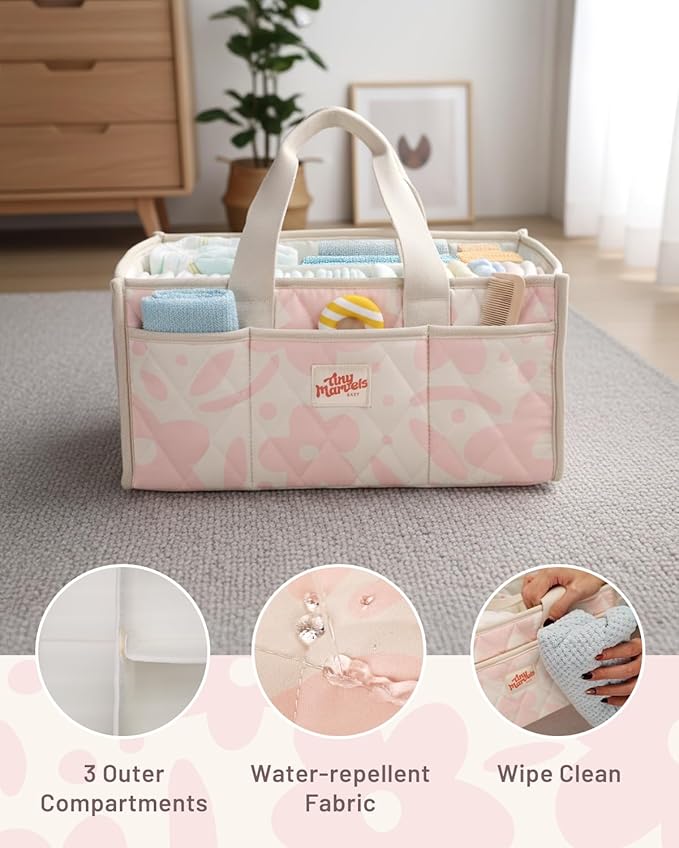 Tiny Marvels Diaper Caddy Organizer for New Parents, Water-Resistant Baby Diaper Caddy, Newborn Essentials Registry Search Must Haves, Structured Diaper Caddy Basket for Nursery, Car & Travel