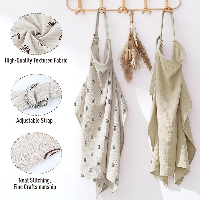 Cinaci 2 Pack Pure Cotton Muslin Lightweight Breathable Breastfeeding Nursing Cover Blankets with Adjustable Metal Clasp (Rainbow Khaki+Khaki)