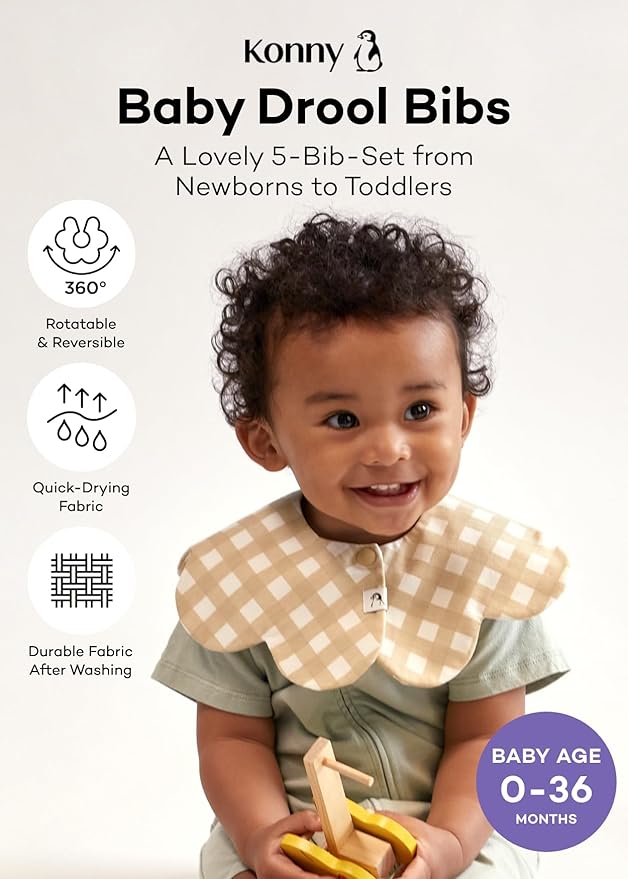Konny Baby Bib 3/5/7-Pack Set, 360 ° Rotate, Soft and Absorbent Drooling for Toddler Boys Girls Baby Essentials