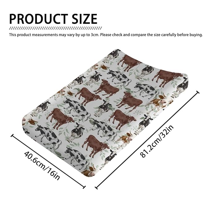 Farm Cows Boho Leaves Changing Pad Cover Watercolor Cows Green Leaves Baby Diaper Changing Pad Cover for Boys Girls Soft Breathable Stretch Fitted Baby Changing Pad Covers 32''x16''