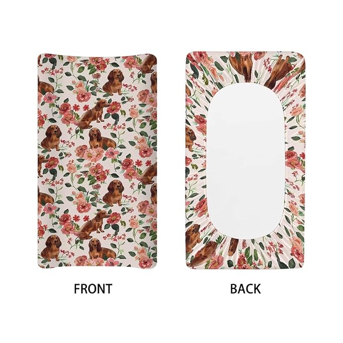 Dog Diaper Changing Table Pad Cover Soft Change Pad Cover for Baby Newborn Dachshund Rose Floral Baby Nursery Changing Mat Sheet Protector, One Size
