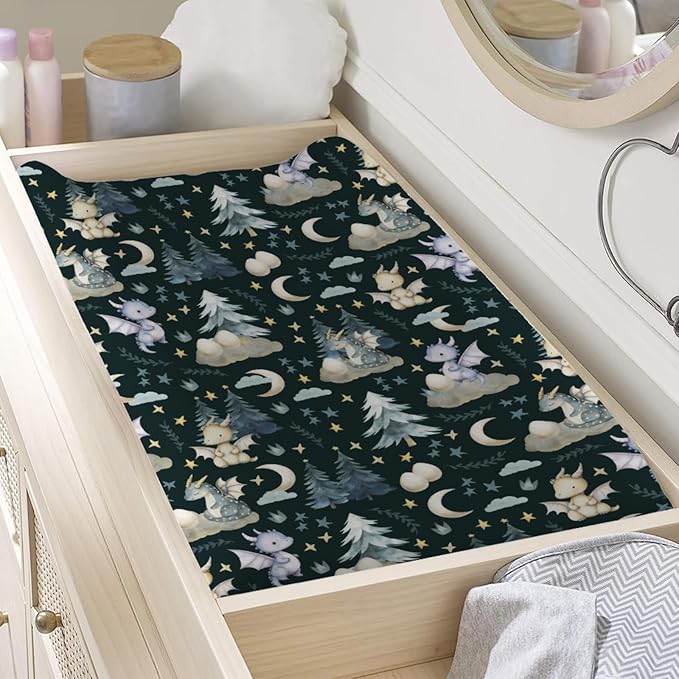 Fairytale Dragons Baby Changing Table Pad Covers Boy Girl 32''x16'' Cute Dragons Eggs Moon Stars Trees Fitted Diaper Change Table Mats Dreamy Animal Soft Breathable Nursery Cradle & Bassinet Sheets