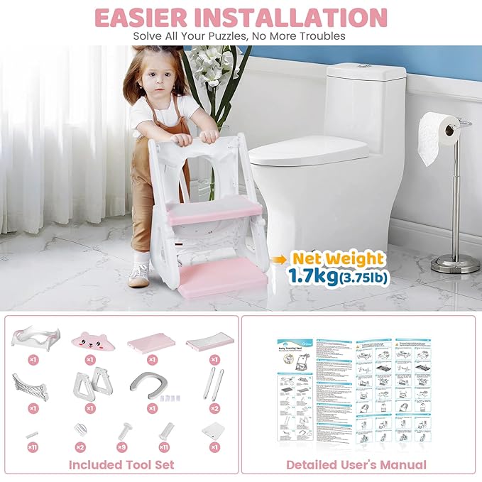Orzbow Potty Training Seat | Upgrade Toddler Potty Training Toilet with Step Stool, 2-in-1 Stability Toilet Seat for Boys Girls | with Splash Guard, Anti-Slip Pad, Ladder, and Height Adjustable, Pink
