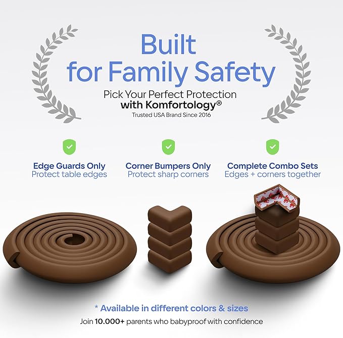 Furniture Edge 16.2ft & Corner Guards | Protective Foam Cushion | 15ft Bumper 4 Adhesive Childsafe Corners | Baby Child Proofing Foam Set for Table, Fireplace, Countertop | Brown