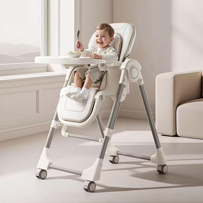 Nine point nine PU Leather High Chair with Swinging Function, Baby High Chair for Babies and Toddlers, Removable Double Tray Baby Seat Feeding Chairs (X8121 White)