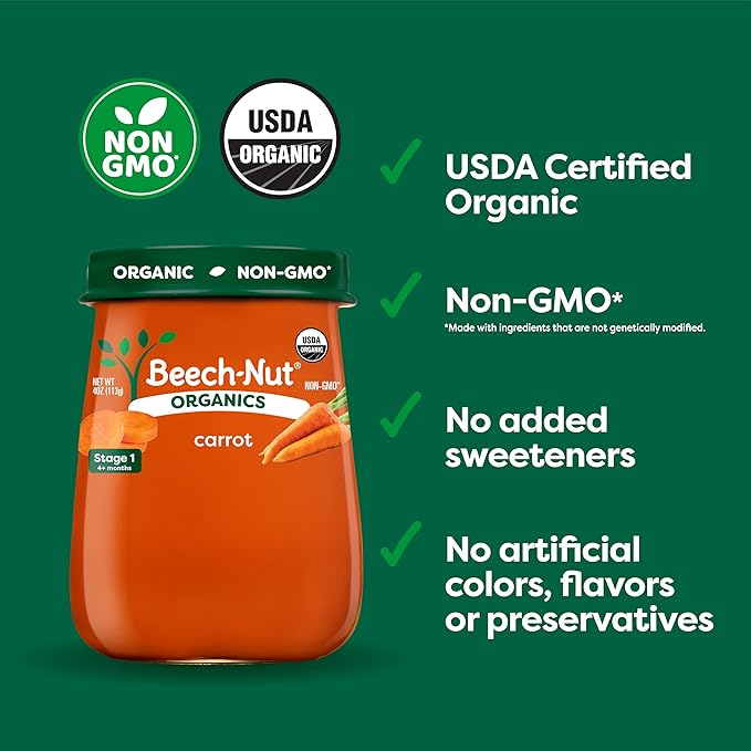 Beech-Nut Organics Stage 1 Organic Baby Food, Carrots, 4 oz Jar (10 Pack)