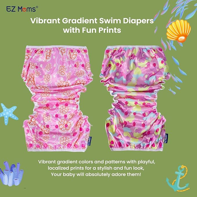 EZ Moms Baby Swim Diapers Reusable 2Pcs Snap One Size Adjustable Washable Newborn Infant Swim Diaper with a Shammy Towel for Baby Girl Water Diaper Waterproof Swimming Diapers for Swimming Lessons