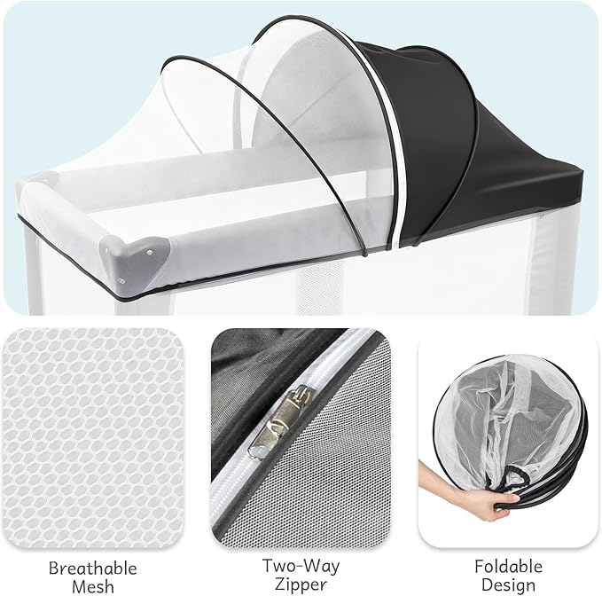 Mosquito Net for Pack N Play, Half Blackout Netting Cover with 2-Way Zipper for Playpen, Keep Cats Out, Foldable with Storage Bag