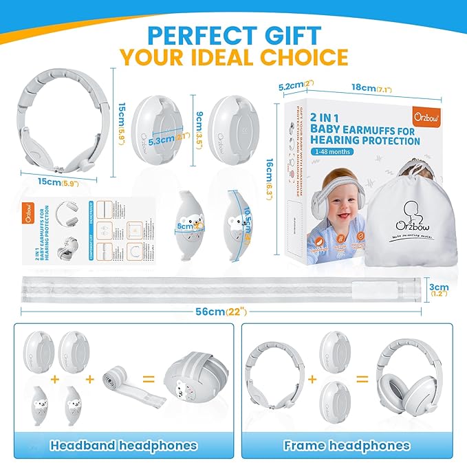 2-in-1 Baby Ear Protection for Babies Infant up to 48 Months, Baby Noise Cancelling Headphones with Cute Bear Design, Ear Muffs Noise Protection with Non-Slip Band for Airplane Travel Sleep, Gray