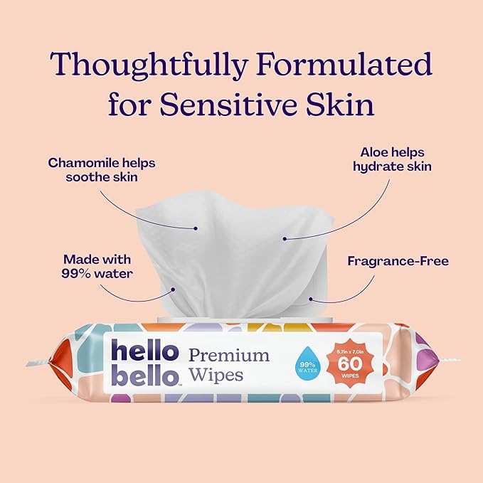 Hello Bello Premium Wipes, Designed for Sensitive Skin with Chamomile & Aloe Extracts, Flower Pop (12 Resealable Packets = 720 Total Wipes)