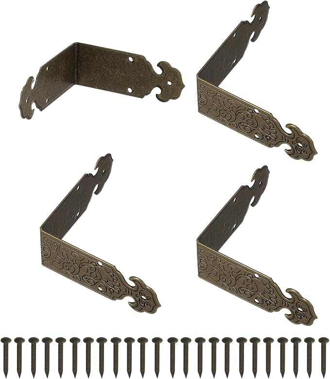 uxcell 4Pcs L Shaped Vintage Embossing Brass Decorative Corner 2 x 0.8 Inch Corner Protector with Mounting Nails Box Edge Guard Retro for Cabinets Furniture Decorative (Bronze)