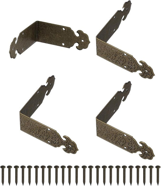 uxcell 4Pcs L Shaped Vintage Embossing Brass Decorative Corner 2 x 0.8 Inch Corner Protector with Mounting Nails Box Edge Guard Retro for Cabinets Furniture Decorative (Bronze)