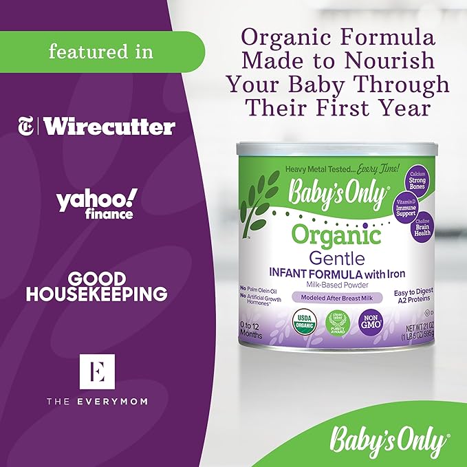 Baby's Only A2 Organic Milk Infant Formula, A2 Milk Based Powder, Organic Baby Formula with A2 Beta-Casein Protein, Iron, Vitamin E, Vitamin D, Easy to Digest, Newborn to 12 Months Old, 21 oz, 1 Pack