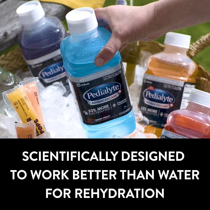 Pedialyte AdvancedCare Plus Electrolyte Hydration Drink, Has 33% More Electrolytes and Has PreActiv Prebiotics, Chilled Cherry Pomegranate, 1 Liter, Pack of 4
