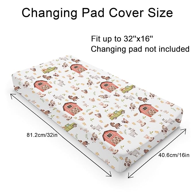 Baby Farm Life Changing Pad Cover for Boy Girl 32''x16'' Farm Animals Pig Goat Horse Cow Chick Rooster Duck Leaves Barn Truck Fitted Changing Pad Sheets Soft Breathable Diaper Change Table Mats