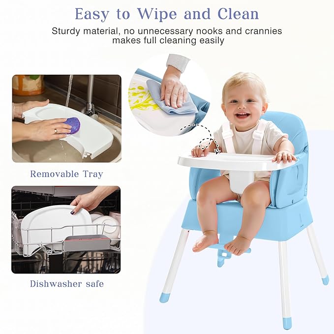 5 in 1 Foldable Baby High Chair,Convertible Highchair for Babies and Toddlers-Portable Infant Booster Seat,Carry Small Box,Dining Chair,Toddler High Chair with 5-Point Harness,Removable Tray-Blue