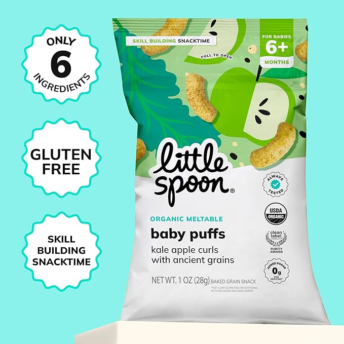 Little Spoon Kale Apple Meltable Baby Puffs, Organic Corn Quinoa Sorghum, No Rice, No Added Sugar Snacks, Encourages Self-Feeding, 1 Oz Bag, 4 Pack