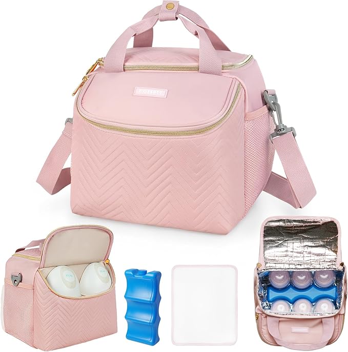 Wearable Breast Pump Bag,Breastmilk Cooler Travel Bag Compatible with Momcozy/Eufy/Elvie/Willow/Medela Breast Pump with Ice Pack and Water Resistent Mat for 6 Baby Bottles Up to 9 Ounce,Pink