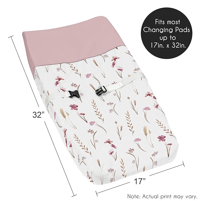 Sweet Jojo Designs Boho Floral Garden Flower Girl Baby Changing Pad Cover Infant Newborn Diaper Table Change Mat Sheet Pink Watercolor Bohemian Farmhouse Wildflower Vintage Shabby Chic Wheat Nature