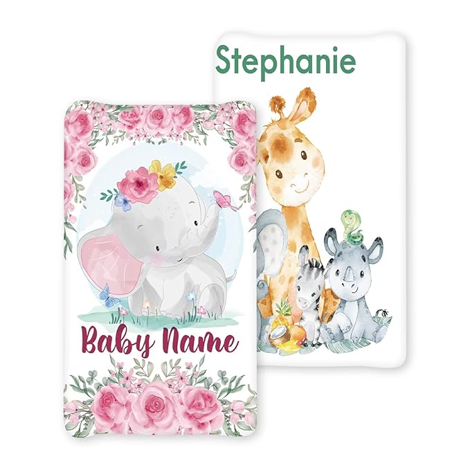 Personalized Toddler Changing Pad Cover - Custom 2 Piece Comfortable Pink Elephant Changing Pad Covers for Baby Boys and Girls, Birthday Gift for Toddlers