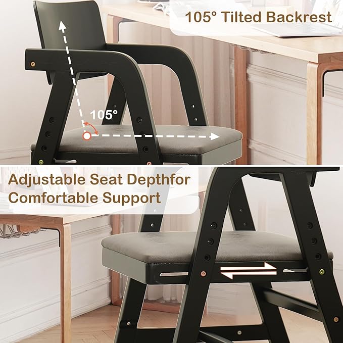 Solid Wood High Chair for Toddlers to Teens, Adjustable Height Toddler Dining Chair, Easy to Clean Toddler Highchair with Removable PU Cushion for Dining, Studying, Step Stool, Black