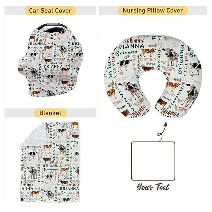 Baby Nursing Pillow Cover - Personalized Name Breastfeeding Pillow Cover with Cow Pattern, Stretchy Removable U-Shaped for New Moms, Soft Breathable Slipcover for Infant Boys Girls