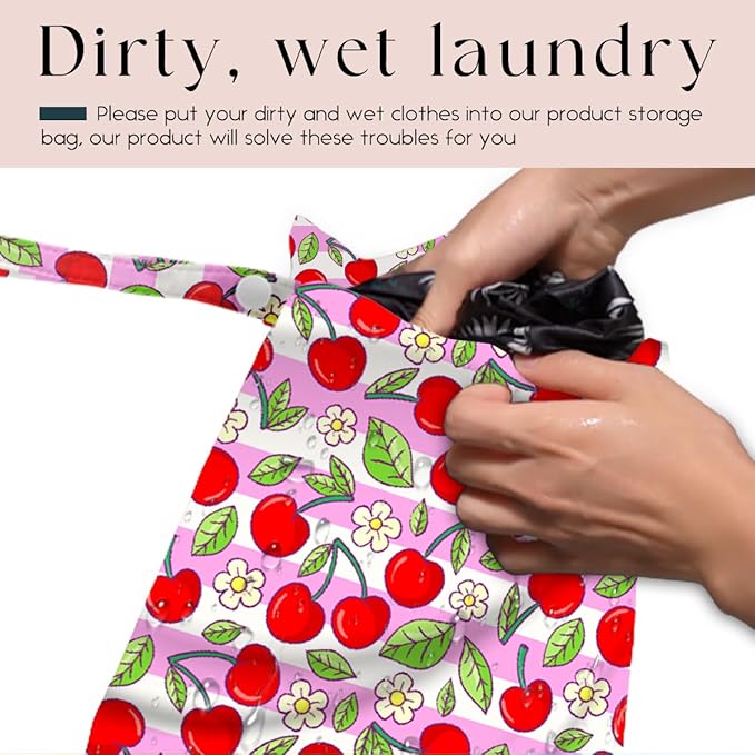Wet Bag, Wet Dry Bag, Waterproof Swim Bags, Machine Washable Reusable Bags for Beach, Pool, Diapers, and Dirty Yoga Gym Clothes(Cherry Blossoms and Cherries, Stripe Pattern