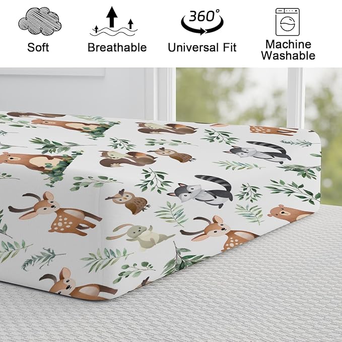 Cute Animals Boho Leaves Baby Changing Pad Covers Cute Bear Deer Owl Bunny Raccoon Squirrel Change Table Cover for Boys Girls Soft Stretch Fitted Diaper Changing Mat Sheets 32''x16''