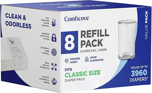 COMFICOVE Dekor Diaper Pail Refill Bags, 8-Pack Compatible with Dekor Classic Diaper Pail, Leak-Proof Disposable Liners, Odor-Resistant Diaper Refill Bags for Easy Cleanup