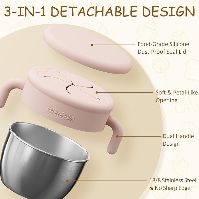 Fimibuke Snack Containers for Toddlers Kids, 12 OZ Spill Proof Stainless Steel Baby Snack Cups with Removable Silicone Food Catcher, Handles & Travel Lid BPA-Free Dishwasher Safe Food Container 2 Pack