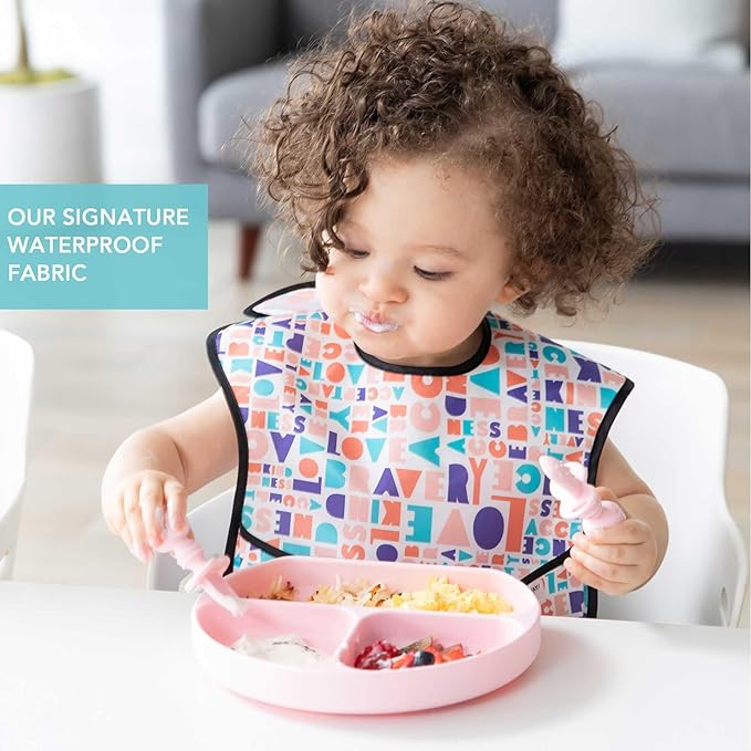 Bumkins Bibs for Girl or Boy, SuperBib Baby and Toddler for 6-24 Months, Essential Must Have for Eating, Feeding, Baby Led Weaning Supplies, Mess Saving Catch Food, Fabric 3-pk Be Kind