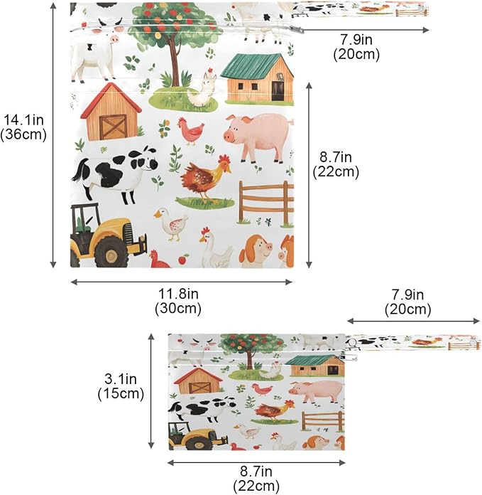 Kigai Farm Animals Wet Bag with Zippered Pockets 2pcs Waterproof Reusable Wet Dry Bag for Cloth Diaper, Baby Items, Swimsuit & Travel