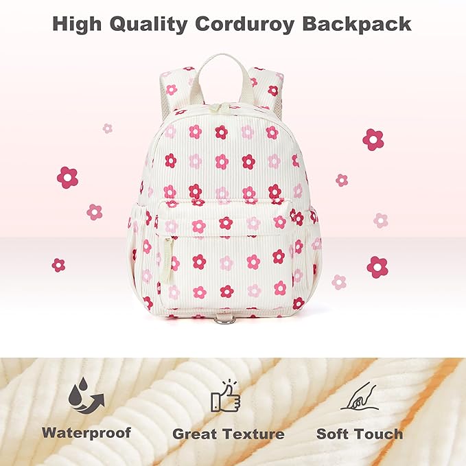 Corduroy Toddler Backpack with Detachable Leash and Anti-Lost Wrist Link, Safety Harness Walking Backpack for Toddler Boys Girls 1-3, Cute Floral Travel Backpack with Leash for Kids