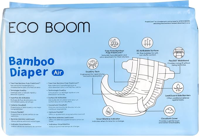 ECO BOOM Air Diapers, Tree-Free & Gentle for Sensitive Skin, Ultra Soft & Breathable, Reliable Overnight Protection, Size 3, 13-22 lbs