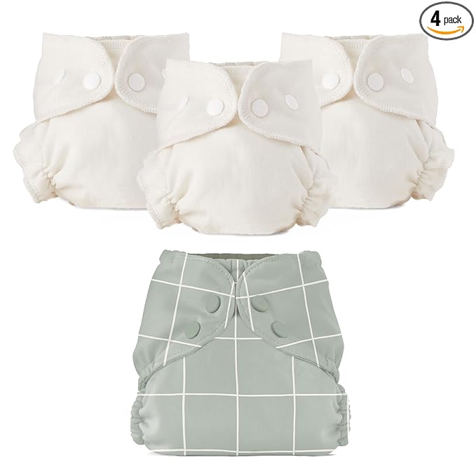 Esembly Cloth Diaper Bundle Set - 3 Organic Cotton Absorbent Inners and 1 Waterproof Outer Diaper Cover - Reusable, Washable, Snap Closure Cloth Diapers - Size 2 (18-35lbs), Lattice