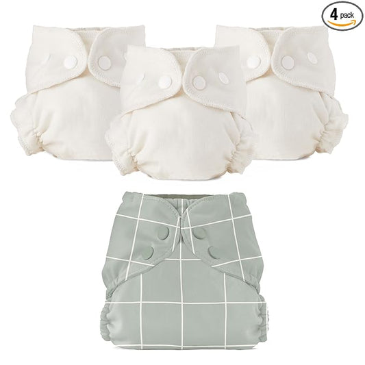 Esembly Cloth Diaper Bundle Set - 3 Organic Cotton Absorbent Inners and 1 Waterproof Outer Diaper Cover - Reusable, Washable, Snap Closure Cloth Diapers - Size 2 (18-35lbs), Lattice