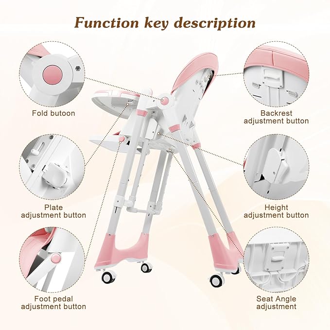 3-in-1 Baby High Chair | Convertible Baby High Chair for Babies and Toddlers | Brake Wheels, Easy Clean, Space Saving | Adjustable, Removable Tray (Pink)