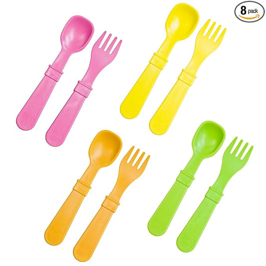 Re-Play Toddler Forks and Spoons Set - 4x4 Utensils Set for Kids - Dishwasher and Microwave Safe - Made in USA - Set of 8-5.8" x 1.2" x 0.2" - Citrus