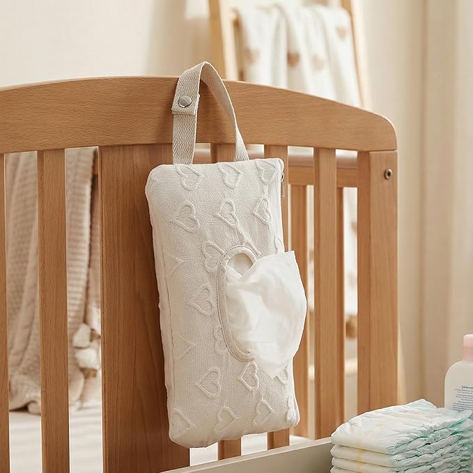 Quilted Baby Wipe Holder, Canvas Floral Quilted Pouch with Hanging Strap, Portable Diaper Wipe Holder for Travel Stroller-Heart White