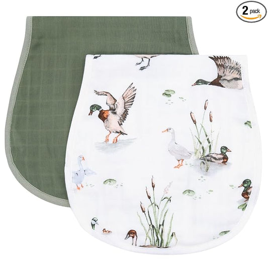 LifeTree Muslin Baby Burp Cloths - 2 Pack 70% Viscose from Bamboo and 30% Cotton Large 22'' by 10'' Absorbent Milk Spit Up Rags - Burping Cloths for Newborn, Girls Boys, MallardDuck & Olive