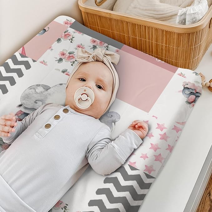 HawSkgFub Sleeping Elephant Floral Changing Pad Cover for Baby Girls Pink, Dream Big Little One Flower Diaper Change Table Covers, Soft Stretchy Safe Snug Fitted Changing Mat Sheets Fit 32"/34" x 16"