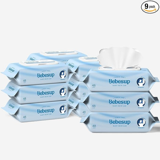 BEBESUP- Korea’s #1 Flushable Wipes- 100% Plant-Based Hypoallergenic Biodegradable 99% Water-Based Extra-Thick Organic Wipes Unscented for sensitive skin Flip-Top 432 Count (9 Packs)