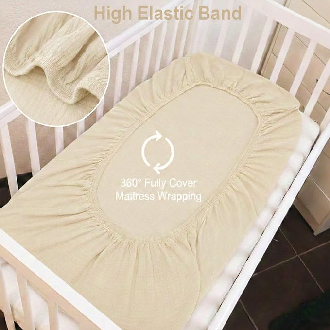 2 Pack Creamy Beige Muslin Crib Sheets for Boys & Girl- Neutral Breathable Cotton Crib Mattress Sheets Fitted for Standard 28"x 52"- Nursery Décor No Slip Crib Bed Sheets