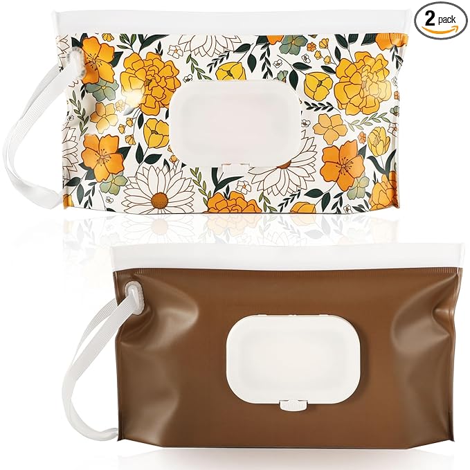 FEBSNOW 2 Pack Baby Wipes Dispenser, Portable Refillable Wipe Holder Baby Wipes Container Travel Wipes Case Reusable Wet Wipes Pouch (Floral, Brown)