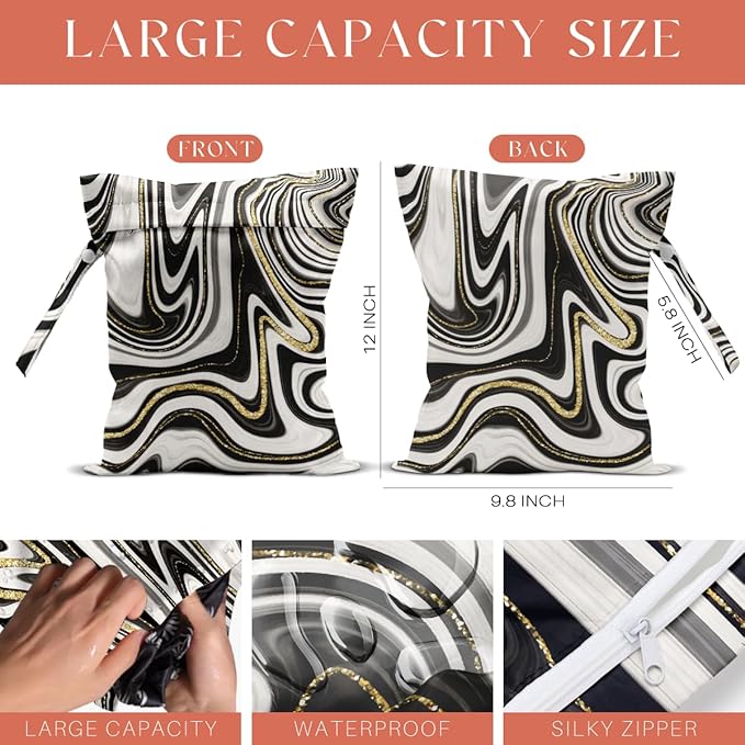 4 Pack Gold Black Marble Wet Bag Waterproof Washable Reusable Wet Dry Bag for Swimsuit Clothes Cloth Diaper Travel Beach Pool Gym Toiletries Gift for Women Mom Mama Birthday Christmas Housewarming