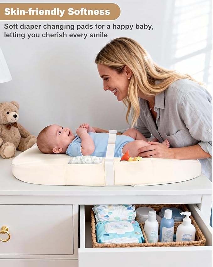 Baby Changing Pad with Waterproof & Wipeable PU Cover, Contoured Diaper Changing Pads for Dresser with Non-Slip Safety Belt, Portable Lightweight Changing Mat, Beige