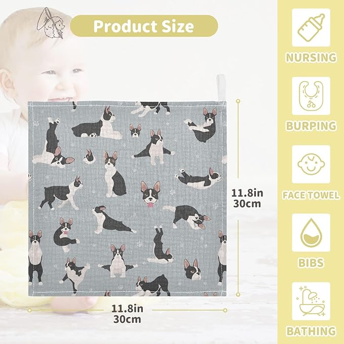 vvfelixl Boston Terrier Baby Burp Cloths Baby Muslin Washcloths for Boys Girls Cotton Baby Face Towel for Newborn Infants Soft and Absorbent 11.8 X 11.8 in, 5 Pack